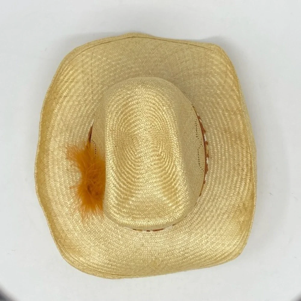 Vtg Stomper Unisex Cowboy Hat Woven‎ Band Feather Accent Straw  Western Rodeo